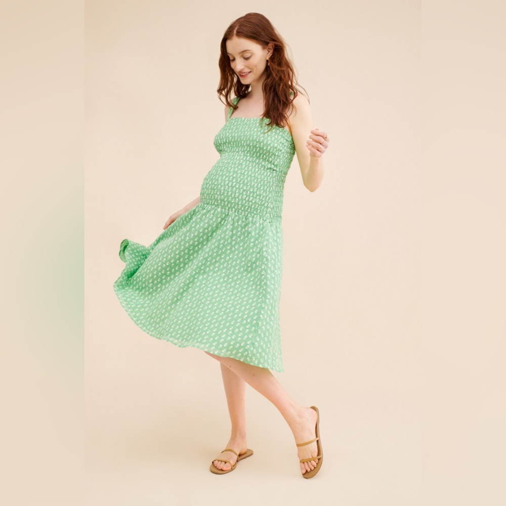 Hatch Green Floral Midi smocked maternity Dress